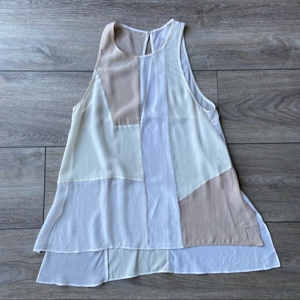 Aritzia Wilfred Pure Silk Colorblock Sleeveless High Low Hem sheer Blouse